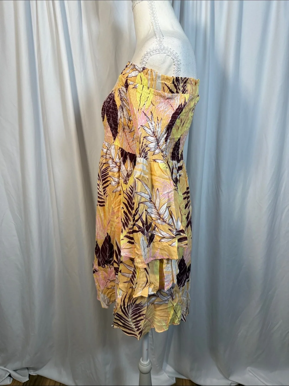 Yellow Tropical-Print Strapless Mini Dress